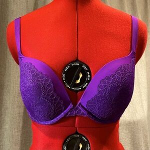 Black Bow brand purple padded mega push up bra shimmer lace glam boudoir 32DD